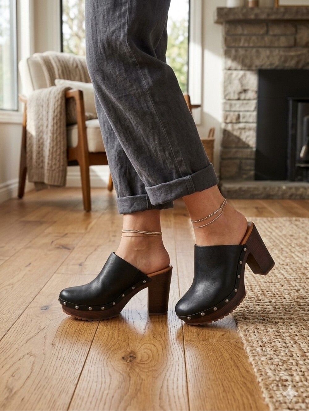Kork Black Studded Wooden Platform Clogs